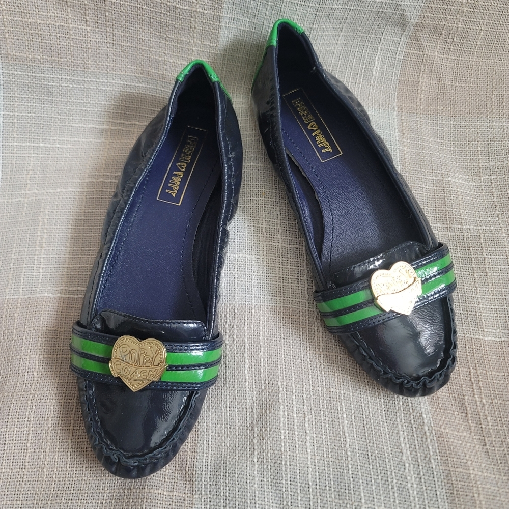 y2k McBling Coquette Coach Poppy Preppy Blue & Green Vinyl Leather Ballet Flats